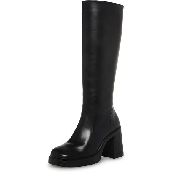 ✨ Sovanyou Heeled Boots Women Black Faux Leather Platform Square Toe Chunky Boot - Picture 1 of 5
